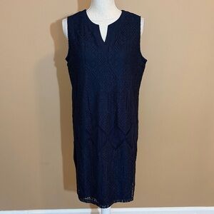 Chico's Solid Navy Blue Sleeveless Lace Overlay Dress Size 1 (Medium/ 8)
